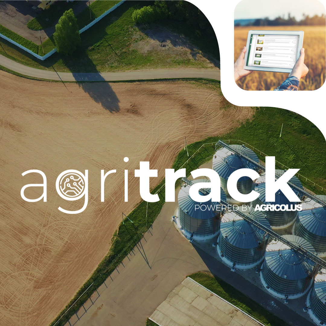 trattore in campo visto dall'alto con logo Agritrack e dettagli agricoltore con tablet in campo