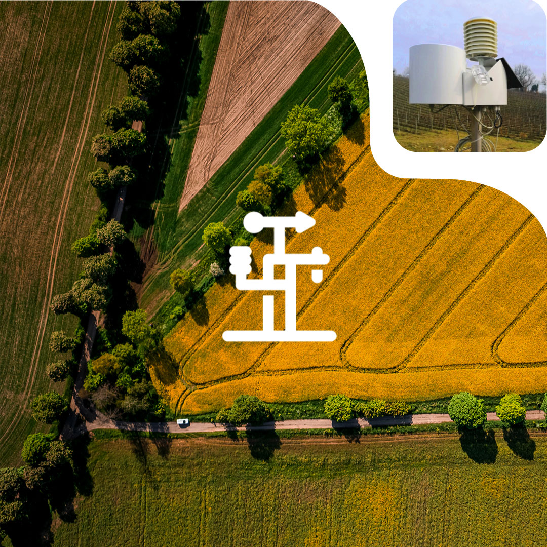 campi agricoli visti dall'alto con icon della stazione agrometeo e dettaglio di una stazione agrometeo