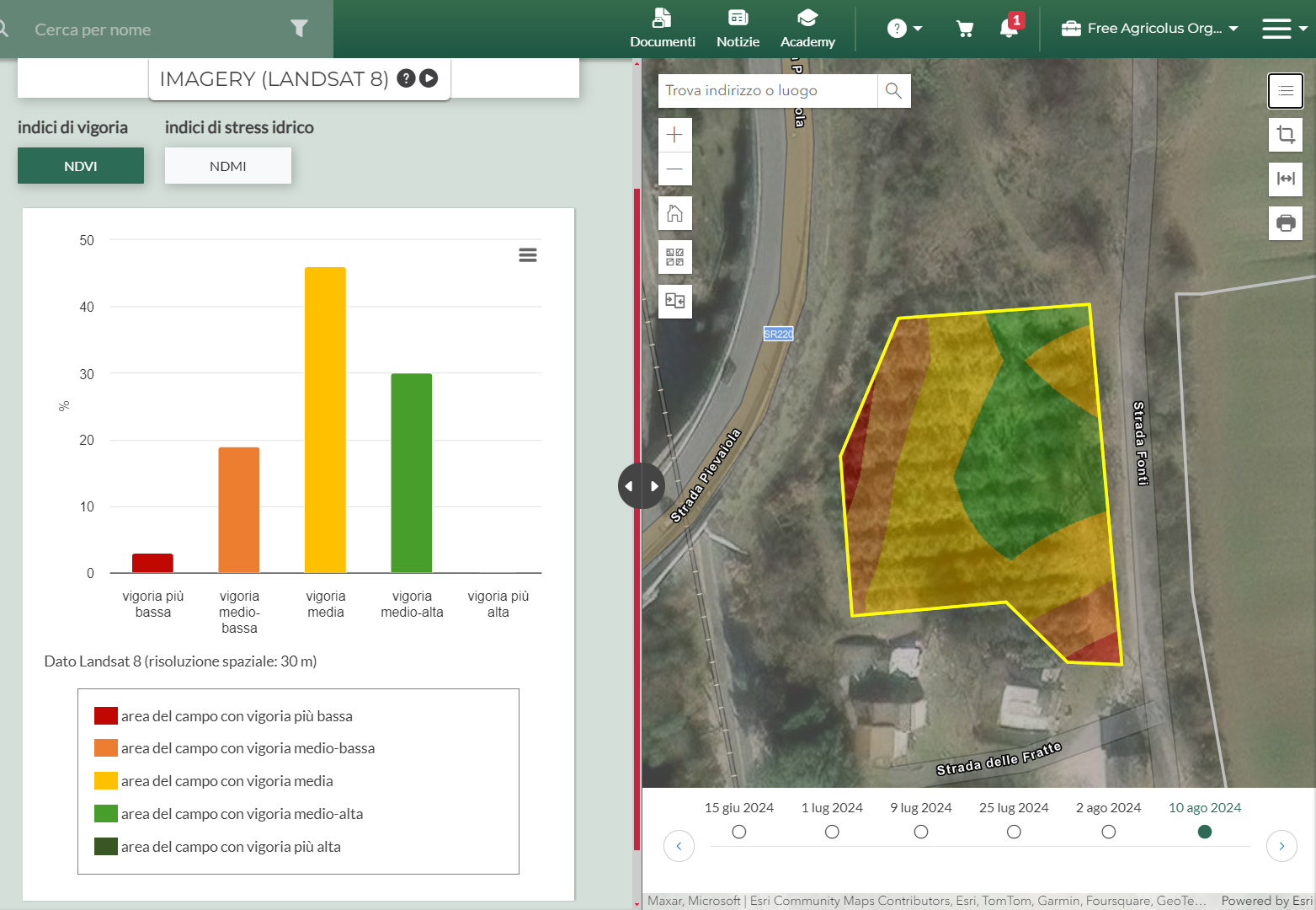 Schermata della piattaforma Agricolus Free con NDVI