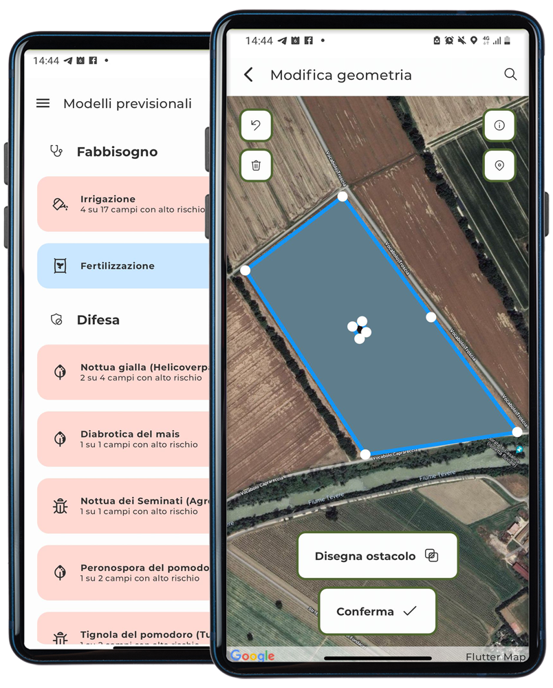 smartphone con schermate di mappatura campi e lista modelli di difesa della app Agricolus