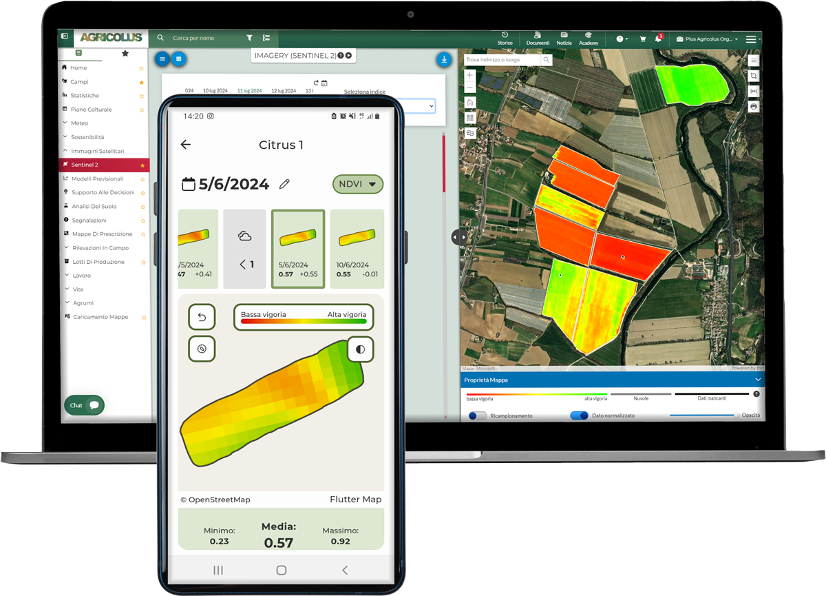 Laptop e smartphone con Indici di vegetazione ottenuti da satellite di Agricolus