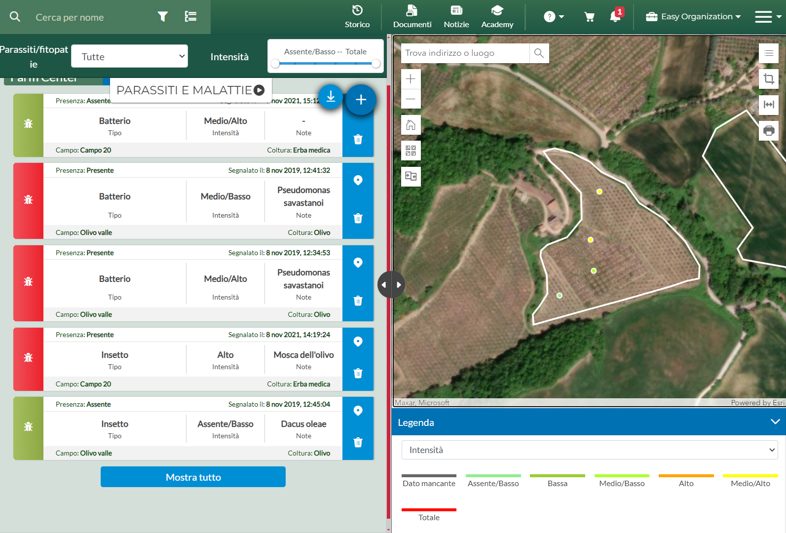 Schermata della piattaforma Agricolus con la raccolta dati di Agricolus Easy