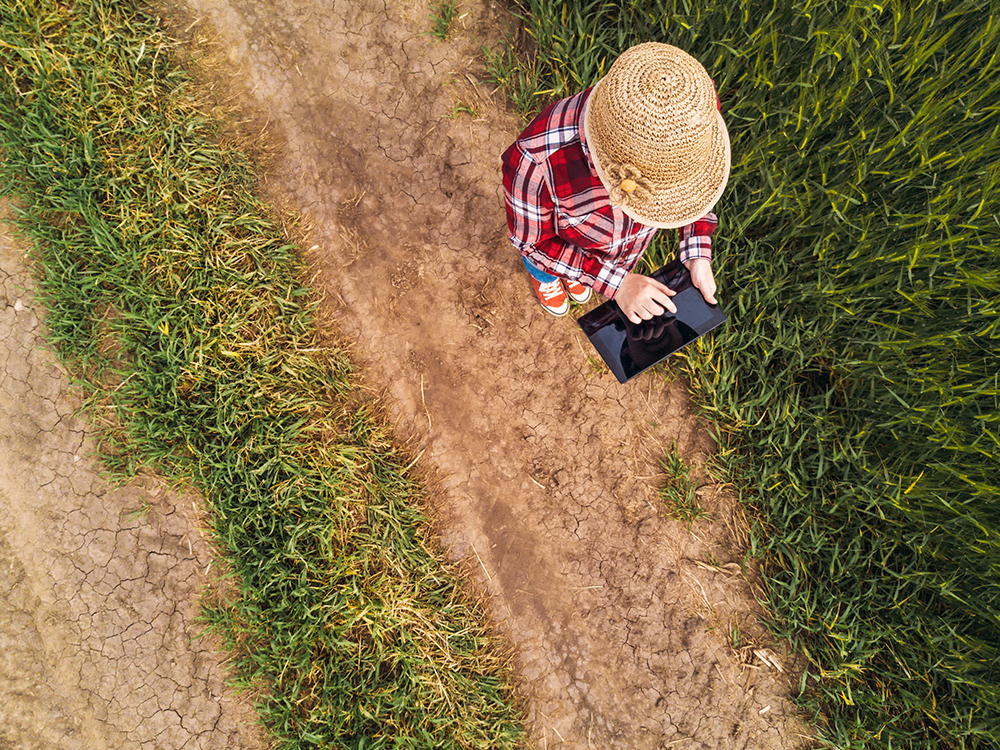 agricoltrice in campo che controlla su un tablet i campi con le immagini satellitari vista dall'alto