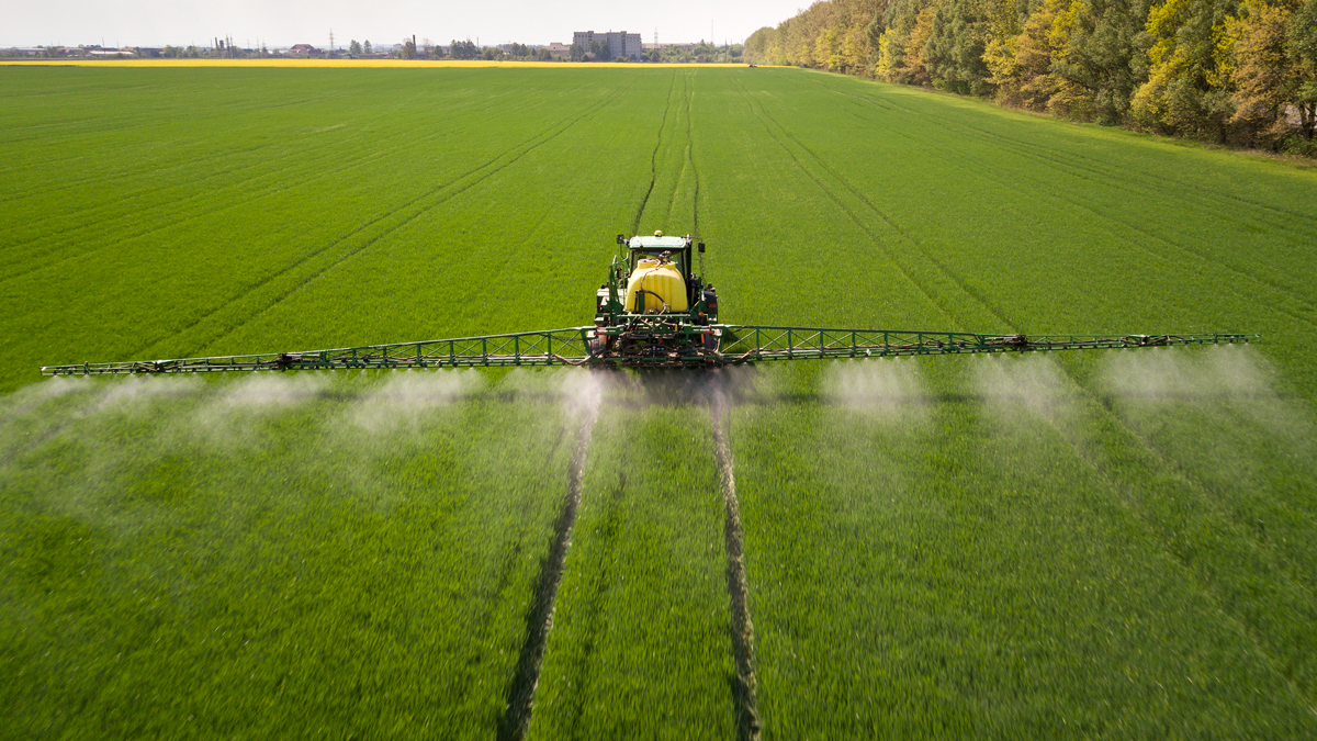 macchinario in campo di cereali che irrora pesticidi