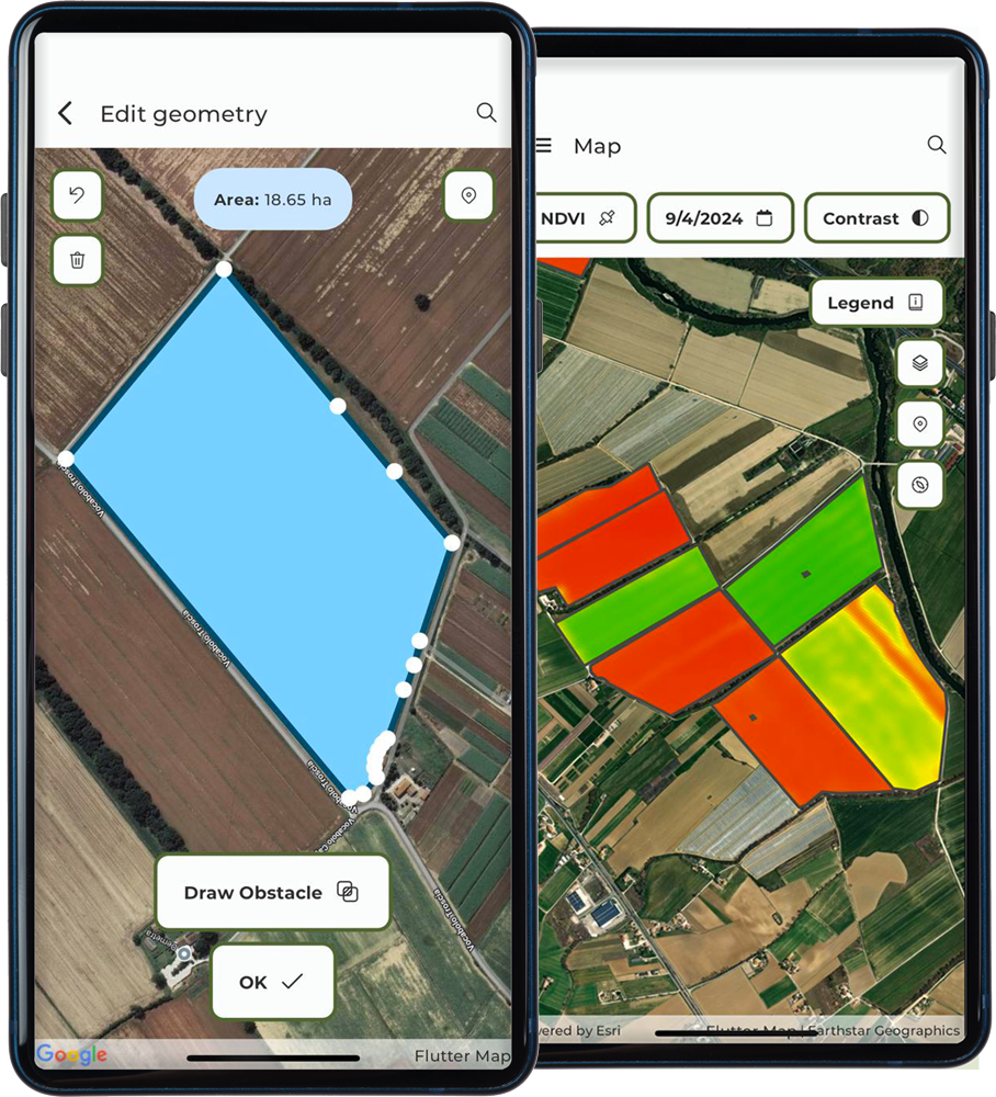 smartphone con schermate della app di Agricolus - campo e mappa in inglese