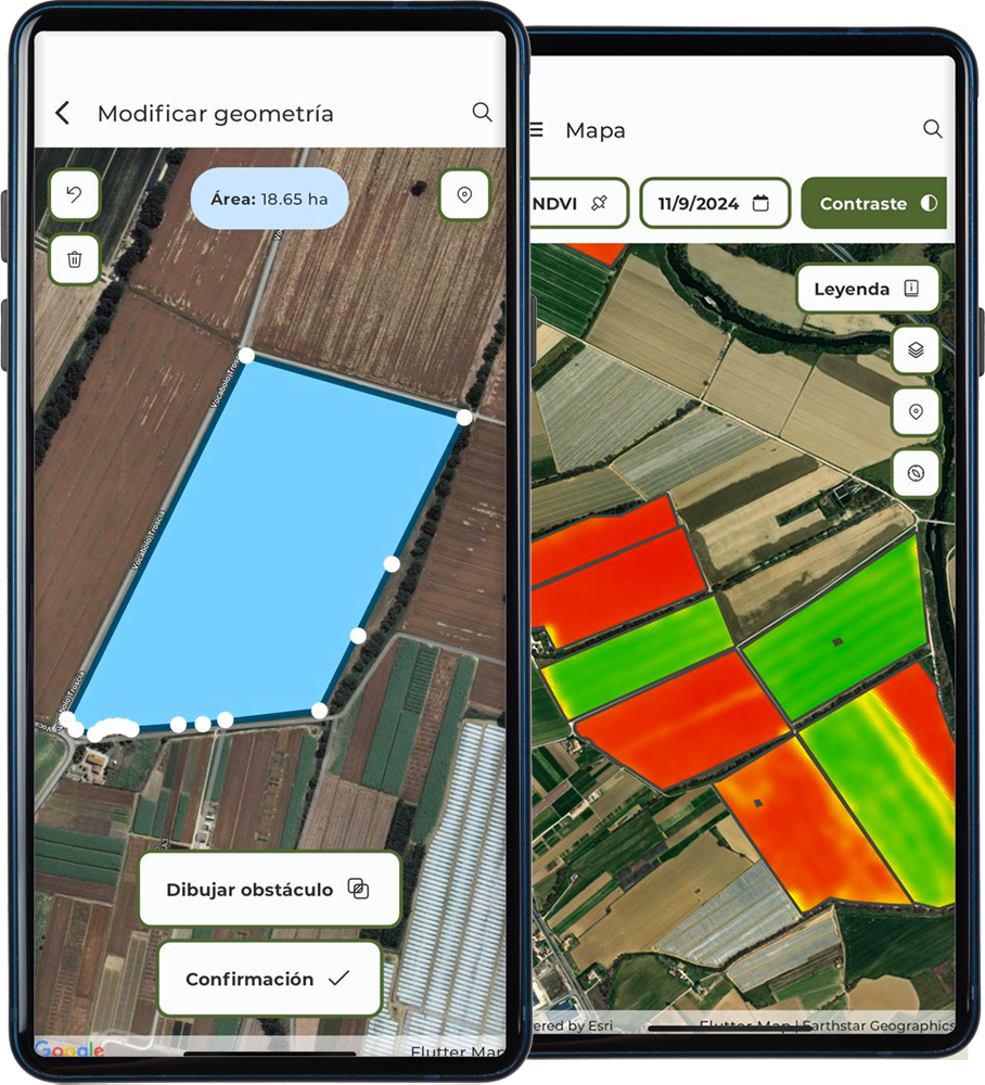 smartphone con schermate della app di Agricolus - campo e mappa in spagnolo