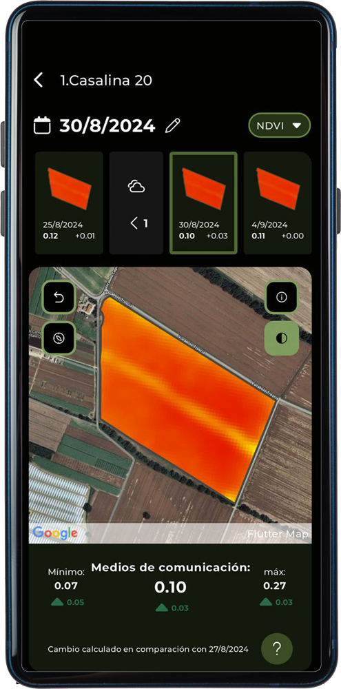 smartphone con schermata della app di Agricolus - immagini satellitari in spagnolo