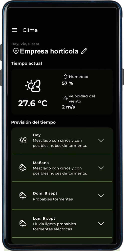 smartphone con schermata della app di Agricolus - previsioni meteo in spagnolo