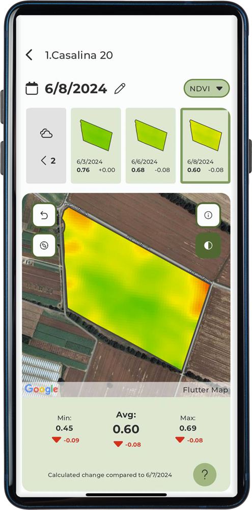 smartphone con schermata della app di Agricolus - immagini satellitari in inglese