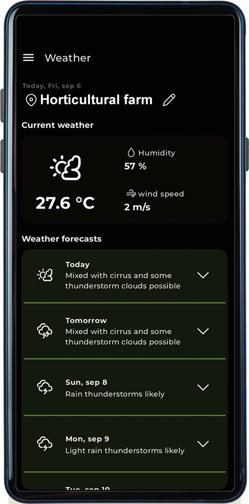 smartphone con schermata della app di Agricolus - prevsioni meteo in inglese