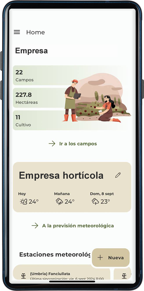 smartphone con schermata della app di Agricolus - in spagnolo