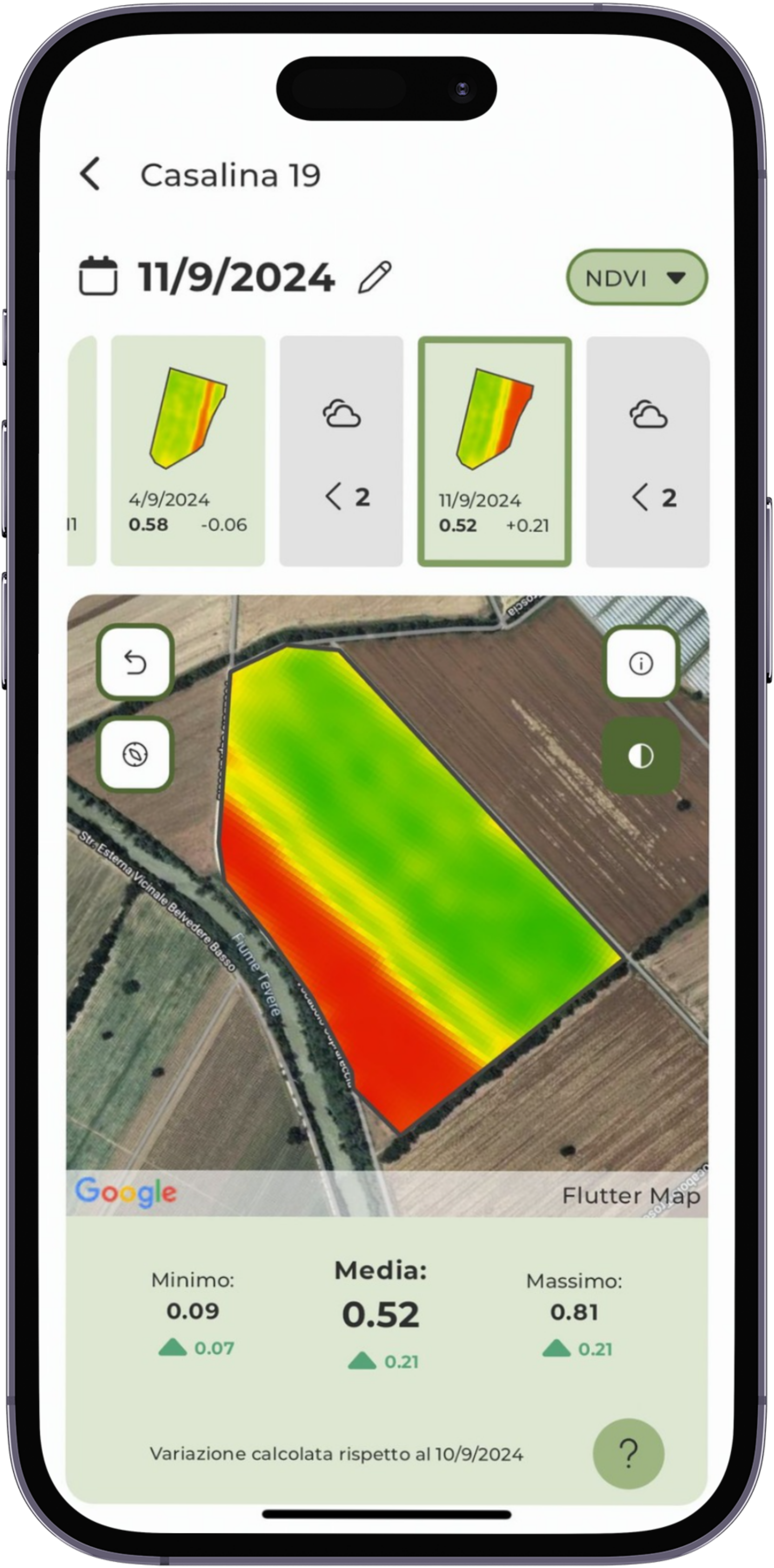 Iphone con schermata di immagini satellitari App Agricolus