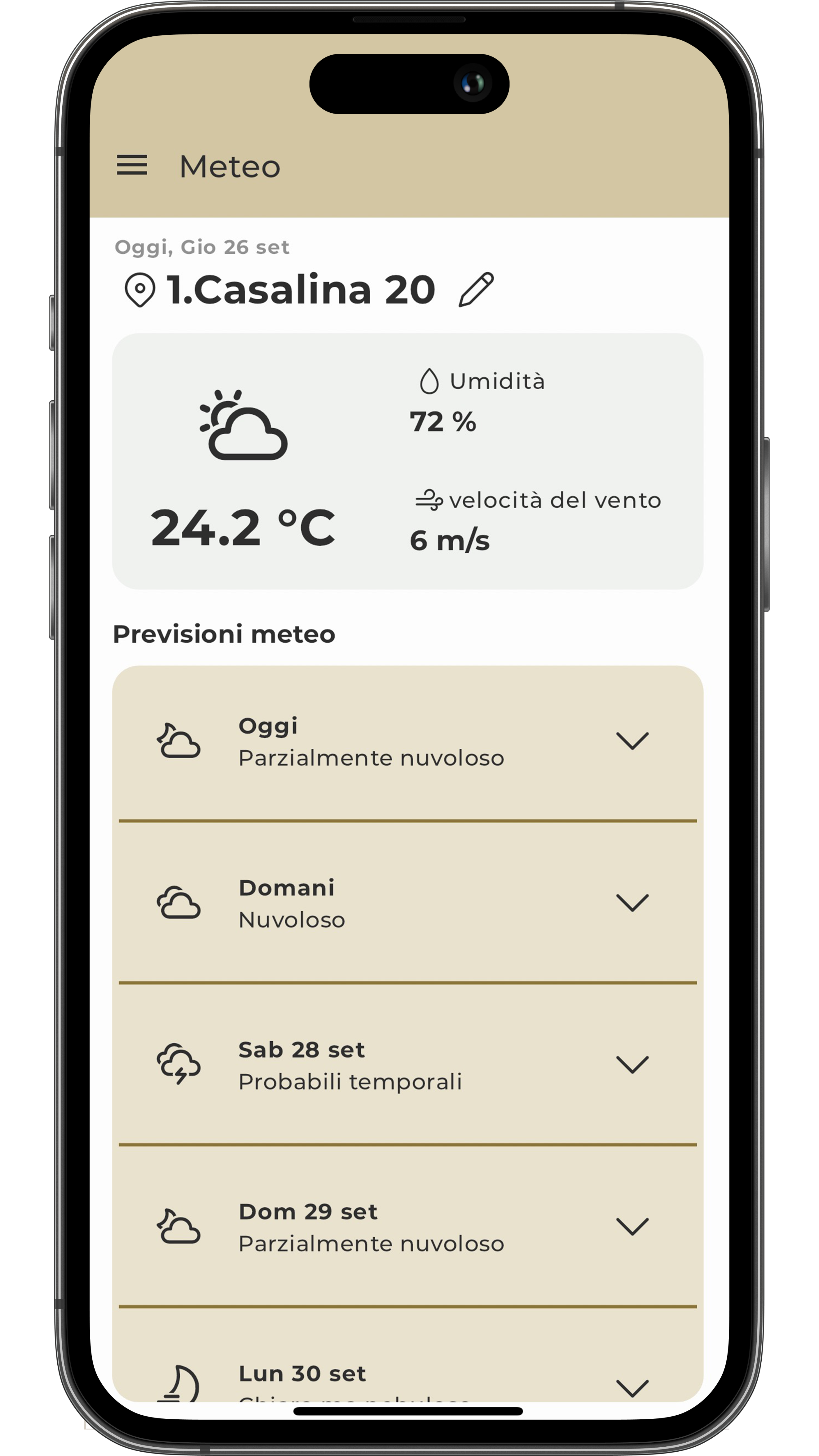 Iphone con schermata delle previsioni meteo della App Agricolus