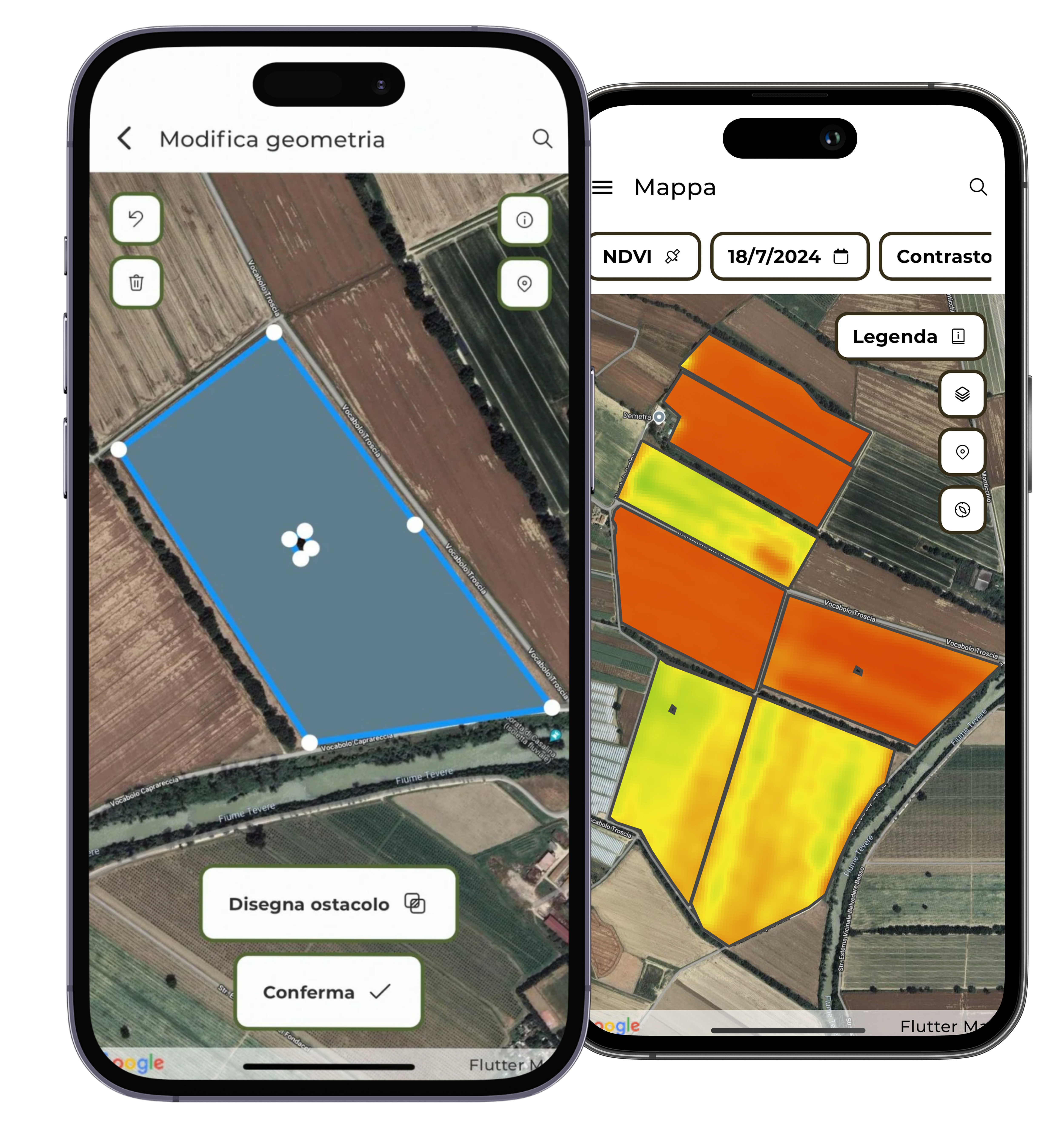 smartphone con schermata mappa e campi della App di Agricolus