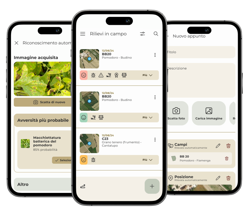 tre smartphone con schermate della funzionalità rilievi in campo della App Agricolus per la gestione agronomica