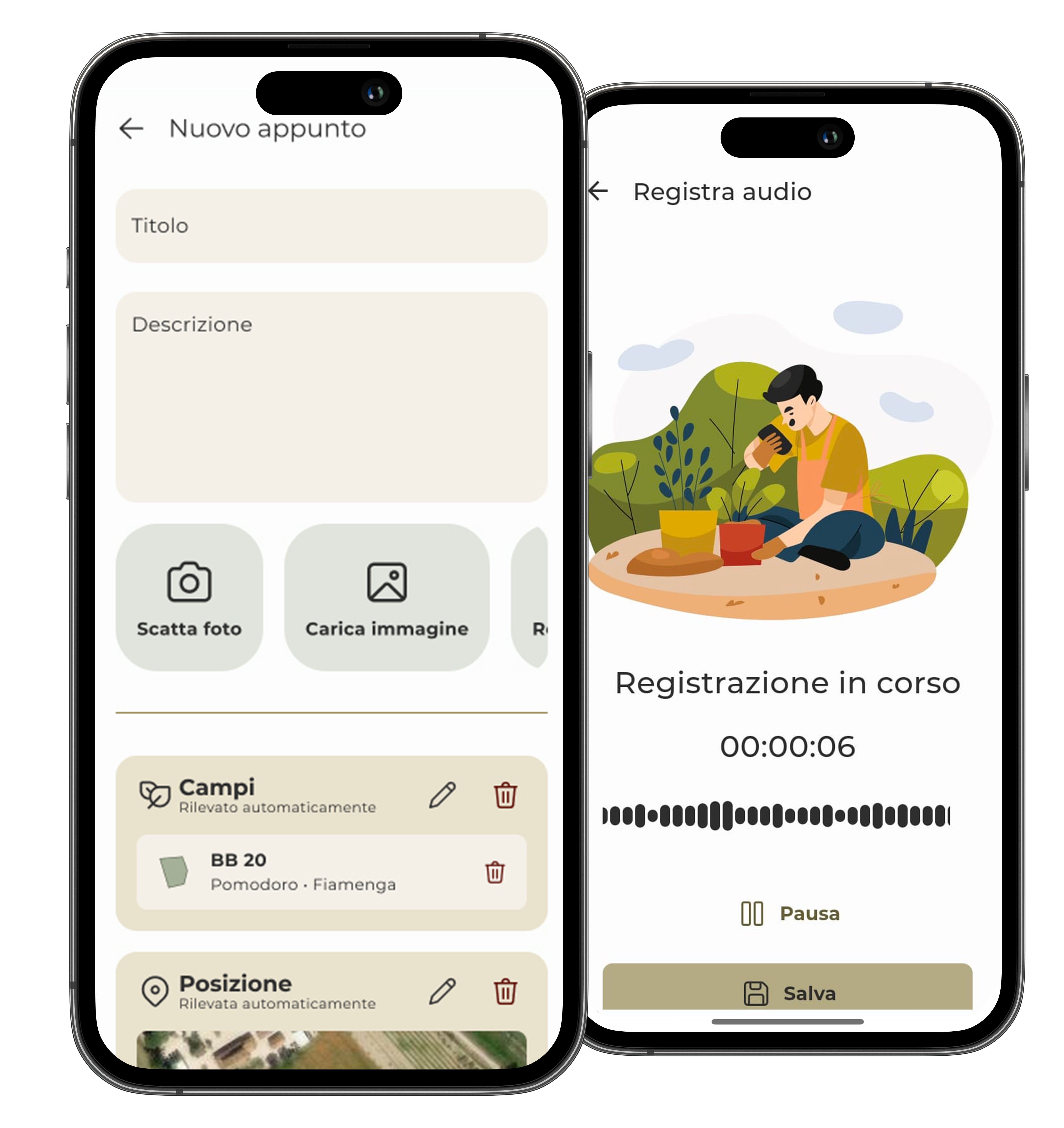 smartphone con schermata appunti e registrazione nota vocale della App di Agricolus